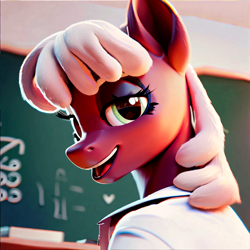 Size: 6000x6000 | Tagged: safe, generator:ponydiffusion, imported from derpibooru, cheerilee, anthro, ai content, ai generated, bedroom eyes, blouse, book, bust, chalkboard, classroom, female, generator:pony diffusion v6 xl, generator:purplesmart.ai, generator:stable diffusion, high res, looking at you, looking back, milf, open mouth, open smile, prompter:yourclopaccount2, seductive look, smiling, smiling at you, solo, teacher, volumetric light