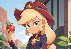 Size: 1216x832 | Tagged: safe, imported from derpibooru, applejack, human, equestria girls, ai content, ai generated, captain apple, captain marvel (marvel), crossover, generator:pony diffusion v6 xl, generator:stable diffusion, marvel, prompter:kimberlite, superhero