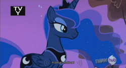 Size: 862x470 | Tagged: safe, edit, edited screencap, imported from twibooru, screencap, princess luna, alicorn, pony, sleepless in ponyville, caption, female, folded wings, hub logo, image, lidded eyes, mare, meme, png, smiling, solo, wings, youtube caption