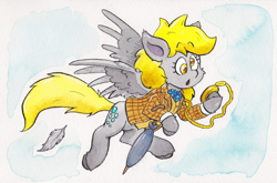 Size: 1326x873 | Tagged: safe, artist:lost marbles, imported from derpibooru, derpy hooves, pegasus, pony, alice in wonderland, clothes, feather, pocket watch, solo, suit, traditional art, umbrella, watercolor painting, white rabbit