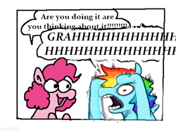 Size: 1404x1056 | Tagged: safe, artist:punkittdev, imported from derpibooru, part of a set, pinkie pie, rainbow dash, earth pony, pegasus, pony, bust, dialogue, duo, duo female, female, hoof on head, mare, open frown, open mouth, open smile, raised hooves, screaming, shrunken pupils, simple background, smiling, speech bubble, teeth, text, white background