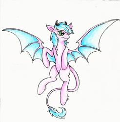 Size: 1613x1639 | Tagged: safe, artist:drakovyte, imported from derpibooru, oc, oc only, bat pony, pony, 2015, bat pony oc, bat wings, blue mane, blue wings, full body, green eyes, leonine tail, pink coat, simple background, solo, tail, white background, wings