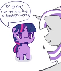 Size: 1030x1200 | Tagged: safe, artist:laymy, imported from derpibooru, twilight sparkle, pony, unicorn, book, dialogue, female, filly, filly twilight sparkle, foal, horn, mare, mother and child, mother and daughter, simple background, smiling, speech bubble, that pony sure does love books, unicorn twilight, white background, younger