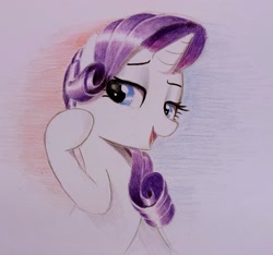 Size: 2265x2117 | Tagged: safe, artist:mizhisha, imported from derpibooru, rarity, pony, colored pencil drawing, looking back, playing with hair, traditional art