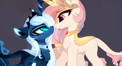 Size: 2123x1151 | Tagged: safe, artist:magnaluna, imported from derpibooru, princess celestia, princess luna, kirin, :p, boop, countershading, crown, cute, cutelestia, duo, duo female, eye contact, female, hoof shoes, horn, horns are touching, jewelry, kirin celestia, kirin luna, kirin-ified, leonine tail, looking at each other, looking at someone, lunabetes, noseboop, peytral, profile, regalia, royal sisters, siblings, side view, sillestia, silly, sisters, slit pupils, smiling, species swap, tail, tongue out