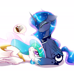 Size: 3000x2900 | Tagged: safe, artist:magnaluna, imported from derpibooru, princess celestia, princess luna, alicorn, pony, blushing, cake, cakelestia, duo, duo female, ethereal mane, ethereal tail, eyes closed, female, folded wings, food, heart, heart eyes, high res, hoof shoes, horn, lying down, mare, on back, peytral, princess shoes, profile, royal sisters, siblings, side view, simple background, sisters, sitting, smiling, tail, white background, wingding eyes, wings