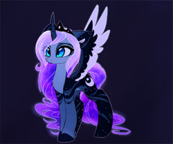 Size: 1954x1635 | Tagged: safe, artist:magnaluna, imported from derpibooru, princess luna, alicorn, pony, colored wings, colored wingtips, crown, curved horn, eye clipping through hair, eyebrows, eyebrows visible through hair, female, horn, jewelry, mare, multicolored wings, regalia, solo, spread wings, wings