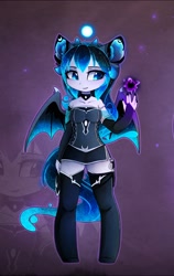 Size: 1286x2034 | Tagged: safe, artist:magnaluna, imported from derpibooru, princess luna, alicorn, anthro, unguligrade anthro, bat wings, breasts, clothes, ear fluff, evening gloves, female, gloves, knife, long gloves, smiling, solo, spread wings, wings, zoom layer