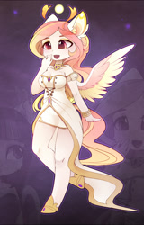 Size: 1304x2034 | Tagged: safe, artist:magnaluna, imported from derpibooru, princess celestia, alicorn, anthro, unguligrade anthro, breasts, colored wings, ear fluff, eyebrows, eyebrows visible through hair, female, multicolored wings, open mouth, open smile, smiling, solo, spread wings, wings, zoom layer