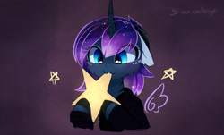 Size: 2632x1591 | Tagged: safe, artist:magnaluna, imported from derpibooru, princess luna, alicorn, pony, :3, cheek fluff, curved horn, cute, eye clipping through hair, female, floppy ears, horn, lunabetes, mare, nom, smiling, solo, tangible heavenly object