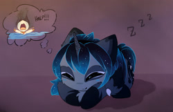 Size: 2074x1342 | Tagged: safe, artist:magnaluna, imported from derpibooru, princess luna, alicorn, pony, bat wings, cute, dream bubble, eyes closed, female, folded wings, horn, lunabetes, lying down, mare, onomatopoeia, ponyloaf, prone, sleeping, smiling, sound effects, wings, zzz