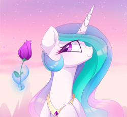 Size: 2500x2300 | Tagged: dead source, safe, artist:magnaluna, imported from derpibooru, princess celestia, alicorn, pony, blushing, ear fluff, female, flower, heart, heart eyes, high res, horn, levitation, magic, mare, peytral, profile, rose, sky, smiling, solo, stars, telekinesis, wingding eyes