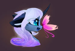 Size: 1506x1036 | Tagged: safe, artist:magnaluna, imported from derpibooru, princess luna, alicorn, butterfly, pony, zefiros codex, alternate design, alternate hairstyle, beautiful, bust, butterfly on nose, chest fluff, color porn, curved horn, cute, daaaaaaaaaaaw, ear fluff, eye clipping through hair, female, floppy ears, happy, heart, heart eyes, horn, insect on nose, looking at something, lunabetes, mare, missing accessory, open mouth, open smile, portrait, profile, side view, simple background, smiling, solo, white-haired luna, wingding eyes