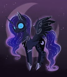 Size: 2050x2373 | Tagged: safe, artist:magnaluna, imported from derpibooru, princess luna, alicorn, pony, creepy, curved horn, ethereal mane, ethereal tail, female, high res, hoof shoes, horn, looking at you, mare, peytral, pinpoint eyes, pointy ponies, princess shoes, smiling, smiling at you, solo, spread wings, tail, tim burton, wings