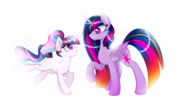 Size: 4000x2400 | Tagged: dead source, safe, artist:magnaluna, imported from derpibooru, twilight sparkle, oc, alicorn, pony, unicorn, blank flank, chest fluff, duo, duo female, ear fluff, eye contact, female, filly, foal, folded wings, heart, heart eyes, high res, horn, looking at each other, looking at someone, magical lesbian spawn, mare, mother and child, mother and daughter, offspring, older, older twilight, open mouth, open smile, parent:princess celestia, parent:twilight sparkle, parents:twilestia, profile, raised hoof, side view, simple background, smiling, tail, twilight sparkle (alicorn), ultimate twilight, white background, wingding eyes, wings