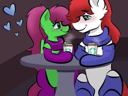 Size: 2048x1535 | Tagged: safe, artist:doodle-hooves, oc, oc only, pony, clothes, coffee, female, gloves, looking at each other, male, mare, scarf, stallion