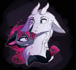 Size: 1555x1443 | Tagged: safe, artist:magnaluna, imported from derpibooru, princess luna, oc, oc:zefiroth, alicorn, dragon, pony, alternate design, alternate universe, blood moon luna, blushing, body markings, bust, canon x oc, chest fluff, curved horn, cute, cute little fangs, dragon oc, duo, duo male and female, ear fluff, fangs, female, floppy ears, horn, horns, hug, looking at each other, looking at someone, male, mare, missing accessory, nom, non-pony oc, shipping, straight