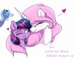 Size: 3924x3134 | Tagged: dead source, safe, artist:magnaluna, imported from derpibooru, princess celestia, princess luna, twilight sparkle, alicorn, pony, unicorn, blushing, bust, cheek fluff, dialogue, exclamation point, eyes closed, female, filly, happy, heart, high res, horn, interrobang, lesbian, long horn, mare, nuzzling, one eye closed, pink-mane celestia, portrait, question mark, shipping, simple background, smiling, text, trio, trio female, twilestia, white background, wink, younger