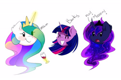 Size: 3400x2245 | Tagged: dead source, safe, artist:magnaluna, imported from derpibooru, princess celestia, princess luna, twilight sparkle, alicorn, pony, ^^, alcohol, blob, blob ponies, blush sticker, blushing, chibi, crown, curved horn, cute, ear fluff, eyes closed, female, glass, glowing, glowing horn, grin, high res, horn, jewelry, levitation, magic, magic aura, mare, open mouth, regalia, royal sisters, siblings, simple background, sisters, smiling, telekinesis, trio, trio female, twilight sparkle (alicorn), white background, wine, wine glass