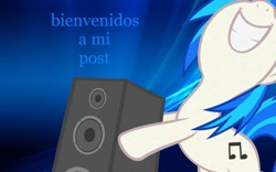 Size: 961x600 | Tagged: safe, artist:lvgcombine, edit, imported from twibooru, dj pon-3, vinyl scratch, pony, amplifier, bipedal, cutie mark, editor needed, female, image, needs more jpeg, solo, spanish