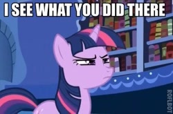 Size: 355x235 | Tagged: safe, edit, edited screencap, imported from twibooru, screencap, twilight sparkle, pony, unicorn, caption, eyebrows, female, frown, i see what you did there, image, image macro, mare, needs more jpeg, solo, tail, text, unicorn twilight