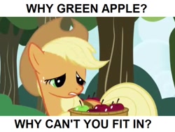 Size: 718x543 | Tagged: safe, edit, edited screencap, imported from twibooru, screencap, applejack, earth pony, pony, apple, caption, dialogue, female, food, green apple, image, image macro, mare, needs more jpeg, solo, text