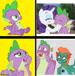 Size: 500x505 | Tagged: safe, artist:georgegarza01, artist:mythical artist, artist:mythicalartist_, deleted from derpibooru, editor:railpony, imported from ponybooru, rarity, spike, oc, oc:emziko, dragon, pony, unicorn, adult, adult spike, banned from derpibooru, blushing, canon x oc, cheek kiss, comic, cute, dragon oc, dragoness, drake, duo, duo male and female, eyes closed, eyes open, fangs, female, female oc, floating heart, gray background, heart, hooves on cheeks, horn, hotline bling, imgflip, jewelry, kissing, male, male and female, meme, necklace, non-pony oc, older, older spike, open mouth, ponified, ponified meme, real life background, shipping, show accurate, simple background, solo, sparity, species swap, speech bubble, spikabetes, spiko, straight, trio, trio male and female, winged spike, wings