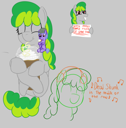 Size: 2480x2500 | Tagged: safe, artist:mariculture, oc, oc only, oc:tidy trails, pony, drinking, eyes closed, female, food, gray background, hat, holding sign, ice cream, ice cream cone, male, mare, milkshake, music notes, simple background, size difference, smiling, stallion