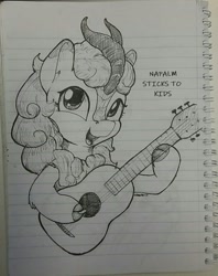 Size: 1014x1280 | Tagged: safe, artist:whiskeypanda, edit, autumn blaze, kirin, sounds of silence, /mlp/, bust, dialogue, drawthread, female, guitar, guitar pick, hoof hold, image, looking at you, mare, monochrome, musical instrument, napalm sticks to kids, open mouth, playing instrument, quadrupedal, singing, sketch, solo, traditional art