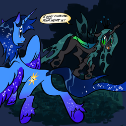 Size: 2048x2048 | Tagged: artist needed, source needed, safe, imported from derpibooru, queen chrysalis, oc, oc:blue thunder, alicorn, pony, alicorn oc, duo, duo male and female, female, fight, horn, male, threat, threatening, wings