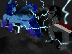 Size: 2048x1536 | Tagged: artist needed, safe, imported from derpibooru, king sombra, oc, oc:blue thunder, alicorn, pony, unicorn, alicorn oc, darkness, duo, duo male, evil, fight, horn, lightning, male, wings