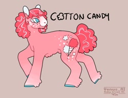 Size: 1453x1120 | Tagged: safe, artist:venus_ai_, imported from derpibooru, cotton candy (g1), earth pony, pony, alternate cutie mark, alternate design, alternate hairstyle, blue eyes, curly mane, curly tail, female, g1, mare, pink coat, pink mane, pink tail, raised leg, signature, simple background, tail, title card, two toned mane, two toned tail, unshorn fetlocks