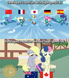 Size: 640x720 | Tagged: safe, artist:toucanldm, edit, edited screencap, imported from derpibooru, screencap, bon bon, derpy hooves, rainbow dash, sweetie drops, earth pony, pegasus, pony, season 9, the last problem, spoiler:s09, australia, canada, caption, china, female, france, germany, image macro, japan, male, mare, meme, older, older rainbow dash, spain, stallion, text