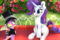 Size: 2400x1600 | Tagged: safe, artist:darksly, imported from derpibooru, rarity, spike, dragon, pony, unicorn, atg 2024, blushing, bush, couple, diamond ring, duo, duo male and female, engagement ring, female, flower, hat, horn, male, mare, newbie artist training grounds, open mouth, open smile, rose, shipping, sitting, smiling, sparity, straight, top hat, winged spike, wings