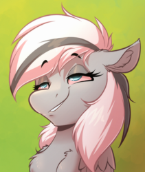 Size: 1620x1916 | Tagged: safe, artist:witchtaunter, imported from derpibooru, oc, oc only, oc:silver edge, pegasus, pony, bloodshot eyes, bust, eyebrows, eyebrows visible through hair, folded wings, gradient background, high as fuck, portrait, solo, wings