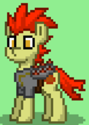 Size: 339x473 | Tagged: safe, artist:blackblade360, imported from derpibooru, oc, oc only, oc:blaze, earth pony, pony, fallout equestria, armor, ashes town, digital art, earth pony oc, fallout, green background, green coat, male, mohawk, orange mane, orange tail, pixel art, raider, raider armor, simple background, solo, stallion, stallion oc, story included, tail, yellow eyes