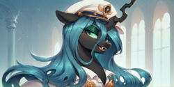 Size: 2400x1200 | Tagged: safe, imported from derpibooru, queen chrysalis, admiral, ai content, ai generated, bust, looking at you, portrait, prompter:greesys, solo