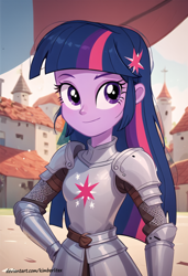 Size: 832x1216 | Tagged: safe, imported from derpibooru, twilight sparkle, human, equestria girls, ai content, ai generated, armor, breasts, female, generator:pony diffusion v6 xl, generator:stable diffusion, knight, medieval, prompter:kimberlite, solo