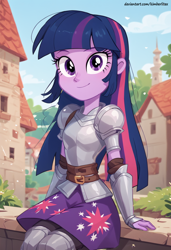 Size: 832x1216 | Tagged: safe, imported from derpibooru, twilight sparkle, human, equestria girls, ai content, ai generated, armor, breasts, female, generator:pony diffusion v6 xl, generator:stable diffusion, knight, medieval, prompter:kimberlite, sitting, solo