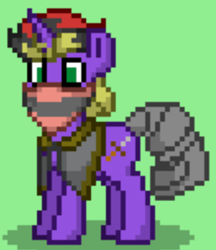 Size: 340x393 | Tagged: safe, artist:blackblade360, imported from derpibooru, oc, oc only, oc:lock jaw, pony, unicorn, fallout equestria, ashes town, clothes, coat, digital art, fallout, green eyes, horn, male, mask, pixel art, purple eyes, raider, raider armor, solo, stallion, stallion oc, story included, three toned mane, unicorn oc