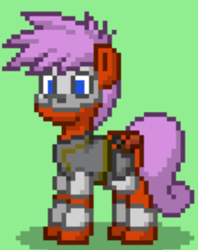 Size: 365x461 | Tagged: safe, artist:blackblade360, imported from derpibooru, oc, oc:bone head, earth pony, pony, fallout equestria, armor, ashes town, blue eyes, bone, bone armor, digital art, earth pony oc, gun, gun holster, helmet, orange coat, pink mane, pink tail, pixel art, raider, skeleton, skull, skull helmet, solo, story included, tail, weapon