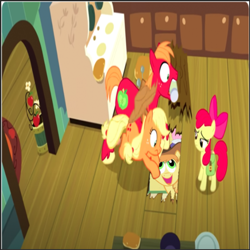 Size: 620x620 | Tagged: safe, edit, edited screencap, imported from derpibooru, screencap, apple bloom, applejack, big macintosh, braeburn, earth pony, pony, over a barrel, season 1, season 7, the perfect pear, forced meme, meme, wrong aspect ratio