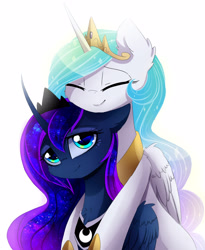 Size: 2400x2925 | Tagged: safe, artist:magnaluna, imported from derpibooru, princess celestia, princess luna, alicorn, pony, crown, curved horn, cute, cutelestia, duo, duo female, ethereal mane, eyes closed, female, folded wings, high res, horn, hug, hug from behind, jewelry, lidded eyes, lunabetes, mare, peytral, regalia, royal sisters, sibling love, siblings, simple background, sisterly love, sisters, smiling, sweet dreams fuel, white background, wings