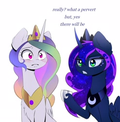 Size: 2199x2229 | Tagged: safe, artist:magnaluna, imported from derpibooru, princess celestia, princess luna, alicorn, pony, blushing, chest fluff, curved horn, dialogue, duo, duo female, ear fluff, female, folded wings, high res, hoof shoes, horn, mare, open mouth, peytral, princess shoes, raised hoof, royal sisters, siblings, simple background, sisters, white background, wings