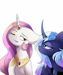 Size: 2400x2845 | Tagged: safe, artist:magnaluna, imported from derpibooru, princess celestia, princess luna, alicorn, pony, curved horn, duo, duo female, eye contact, female, folded wings, high res, hoof shoes, horn, horn jewelry, horn ring, jewelry, looking at each other, looking at someone, mare, one eye closed, peytral, princess shoes, profile, ring, royal sisters, siblings, simple background, sisters, smiling, smirk, unamused, white background, wings, wink