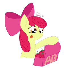 Size: 1509x1510 | Tagged: safe, artist:zeccy, imported from derpibooru, apple bloom, earth pony, pony, apple bloom's bow, atg 2024, bow, female, filly, foal, food, hair bow, lunchbox, newbie artist training grounds, signature, simple background, solo, strawberry, tongue out, transparent background