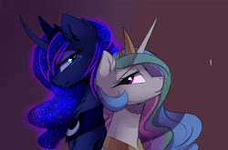 Size: 3400x2245 | Tagged: safe, artist:magnaluna, imported from derpibooru, princess celestia, princess luna, alicorn, pony, back to back, bedroom eyes, curved horn, duo, duo female, ethereal mane, female, high res, horn, looking at each other, looking at someone, looking back, mare, peytral, royal sisters, siblings, simple background, sisters, smiling, smiling at each other