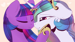 Size: 3400x1914 | Tagged: safe, artist:magnaluna, imported from derpibooru, princess celestia, twilight sparkle, alicorn, pony, boop, crown, duo, duo female, eyes closed, female, hoof shoes, horn, horn jewelry, horn ring, horns are touching, jewelry, lesbian, looking at someone, mare, noseboop, princess shoes, regalia, ring, shipping, smiling, twilestia, twilight sparkle (alicorn)