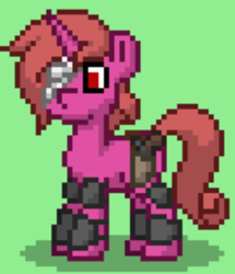 Size: 399x464 | Tagged: safe, artist:blackblade360, imported from derpibooru, oc, oc only, oc:red horn, pony, unicorn, fallout equestria, armor, ashes town, bandage, digital art, fallout, gun, gun holster, horn, magenta coat, male, pixel art, raider, raider armor, red eyes, red mane, red tail, solo, stallion, stallion oc, story included, tail, unicorn oc, weapon