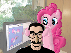 Size: 1067x800 | Tagged: artist needed, dead source, safe, imported from twibooru, pinkie pie, earth pony, human, pony, computer, grin, groucho mask, image, irl, irl background, looking at each other, photo, png, ponies in real life, smiling, tail